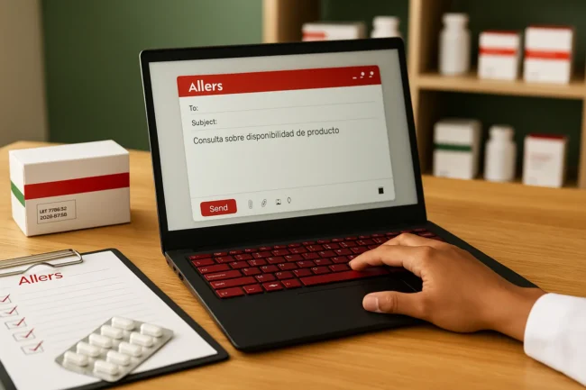 Persona escribiendo una consulta sobre producto en un entorno médico organizado, alineado con la atención al cliente de Allers.