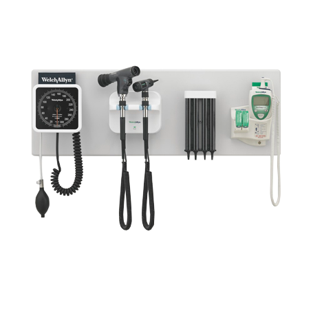 Sistema de diagnóstico de pared Welch Allyn con tensiómetro aneroide, otoscopio, oftalmoscopio y dispensador de consumibles médicos.