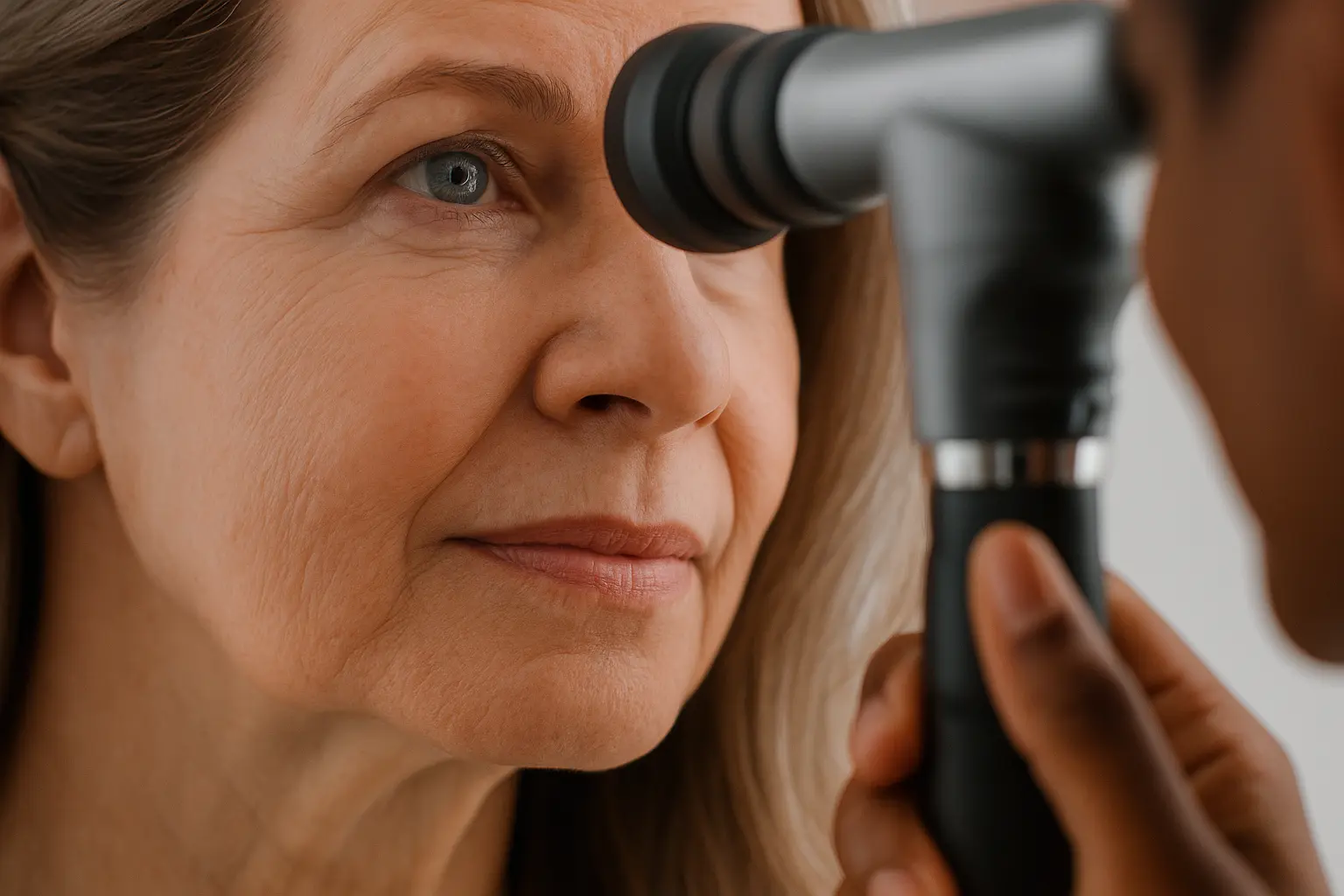 Examen ocular preventiva Mujer mayor recibe revisión ocular con oftalmoscopio durante chequeo de rutina en clínica especializada
