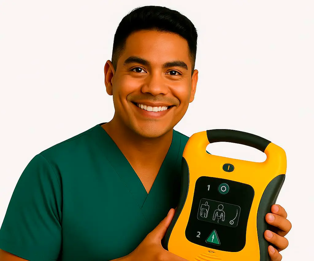 Hombre con desfibrilador2 Profesional de la salud colombiano usando desfibrilador portátil con expresión amigable y confiada en ambiente clínico.