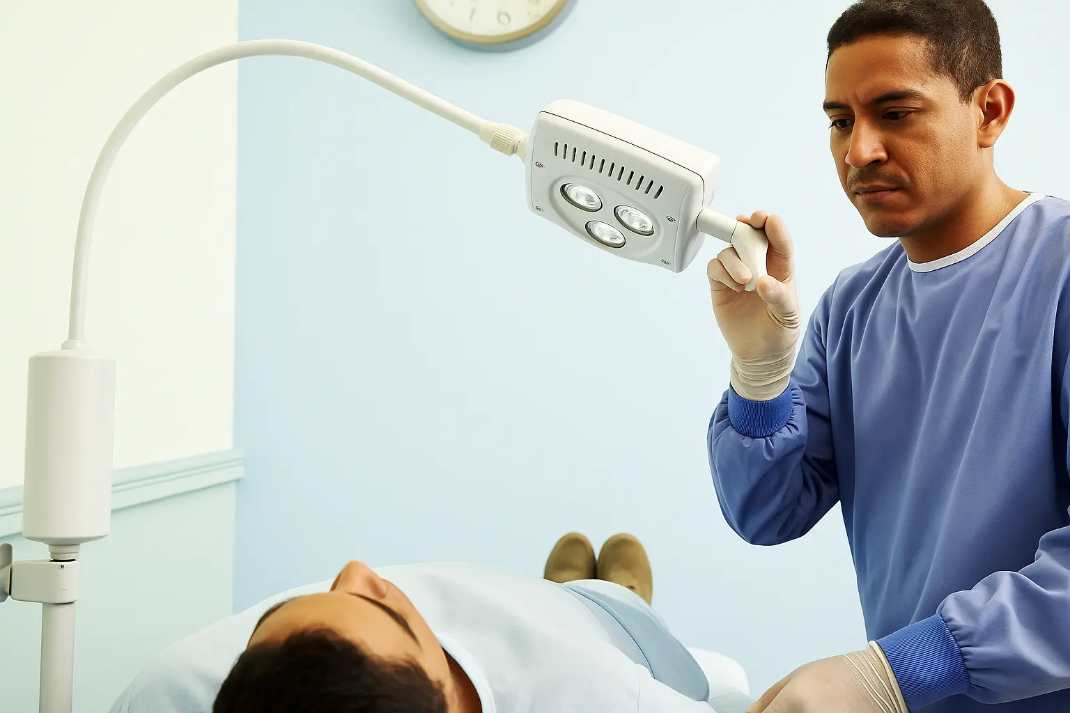 Preparación de sala con lámpara quirúrgica en centro médico Médico ajusta lámpara de procedimiento sobre paciente antes de intervención en sala de examen ambulatorio