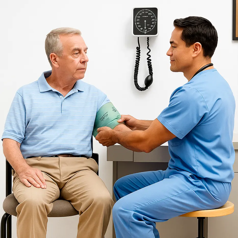 Profesional de la salud midiendo la presión arterial a un paciente adulto con esfigmomanómetro.