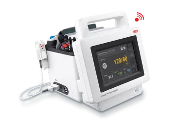 Monitor médico SECA de signos vitales con pantalla digital, mostrando presión arterial, temperatura y frecuencia cardíaca, con diseño portátil y conectividad inalámbrica