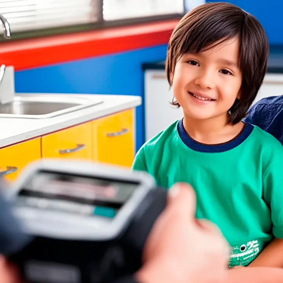 Niño sonriendo mientras se le realiza un tamizaje visual con el dispositivo Spot Vision Screener.