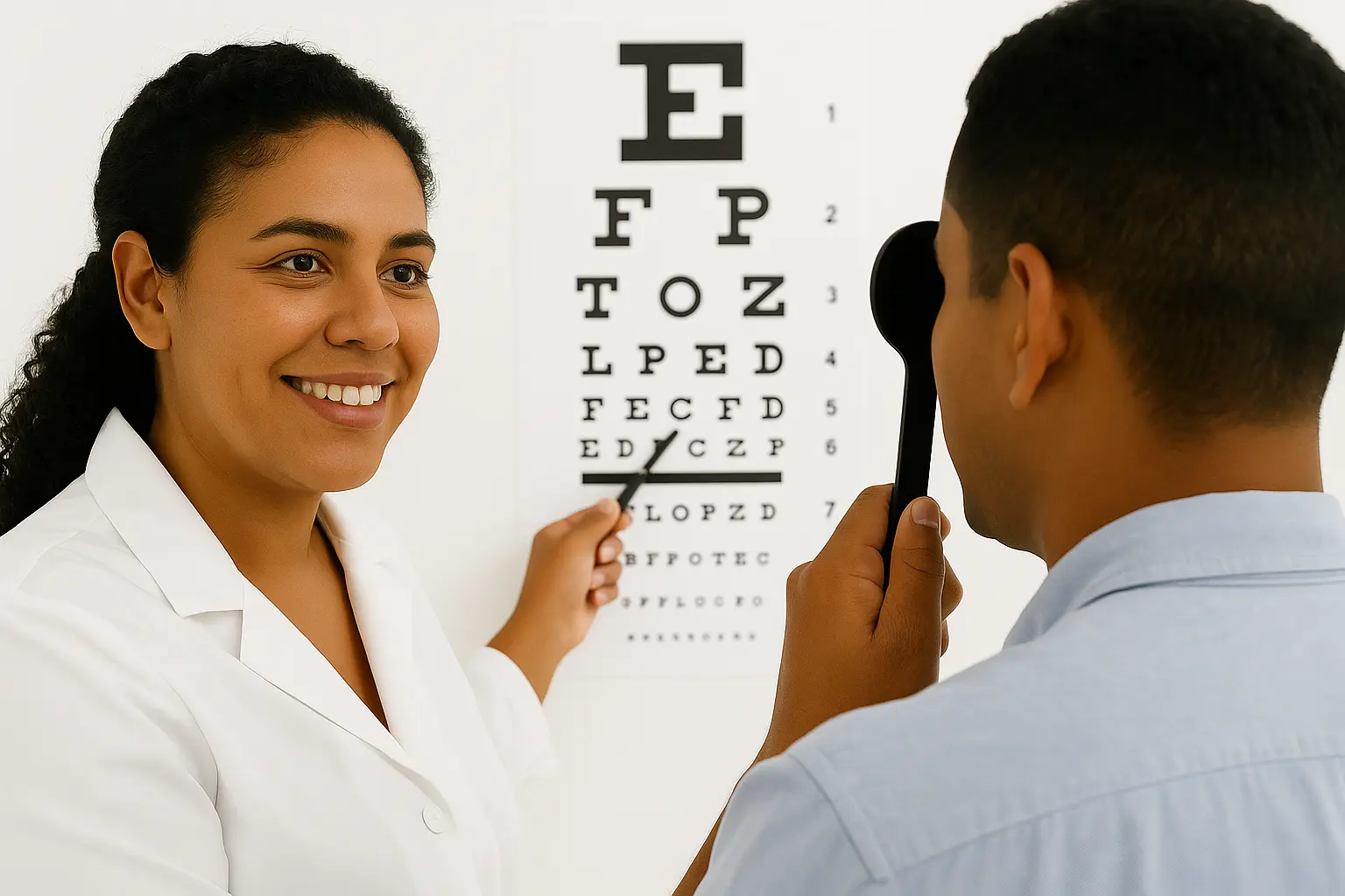 Tamizaje visual realizado por optometrista en consulta de diagnóstico Profesional de optometría en aplica prueba visual con cartilla Snellen a paciente durante evaluación preventiva