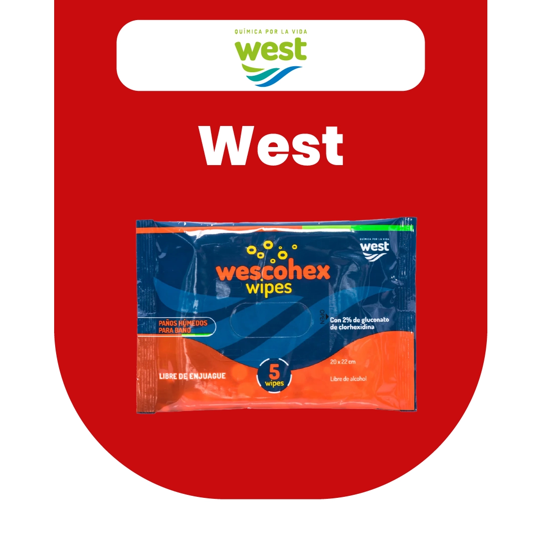 allers-wescohex-wipes-desinfeccion Toallitas antisépticas Wescohex de la marca West en empaque individual sobre fondo rojo promocional.