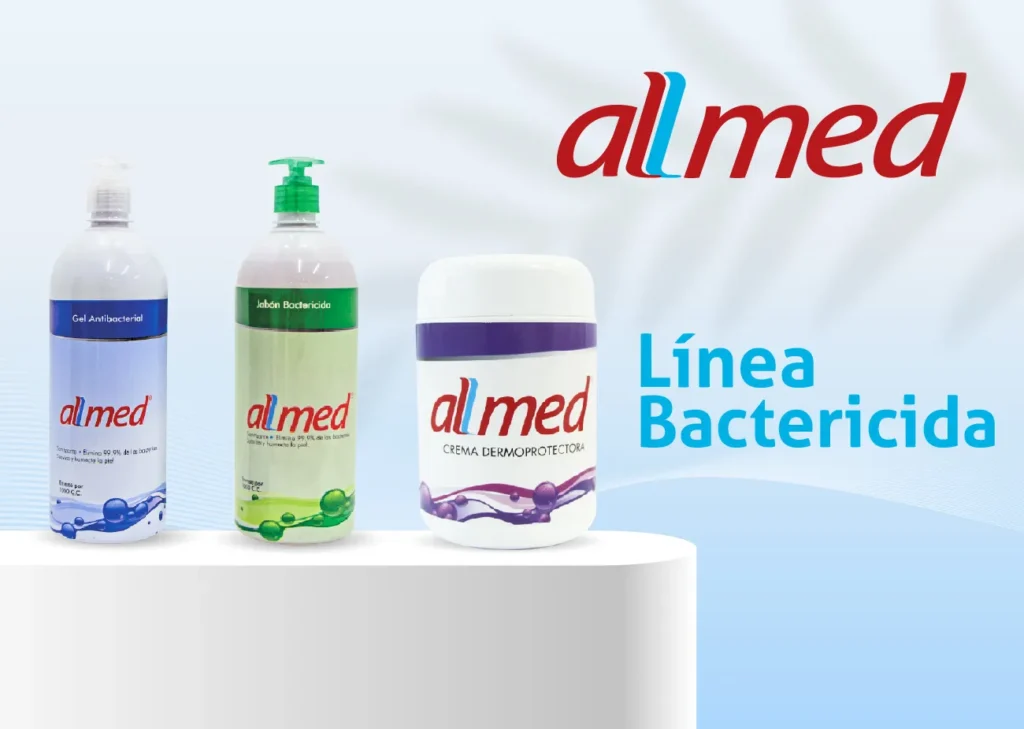 Presentación profesional de la línea bactericida Allmed, que incluye gel antibacterial, jabón bactericida y crema dermoprotectora, ideal para higiene y protección en entornos clínicos