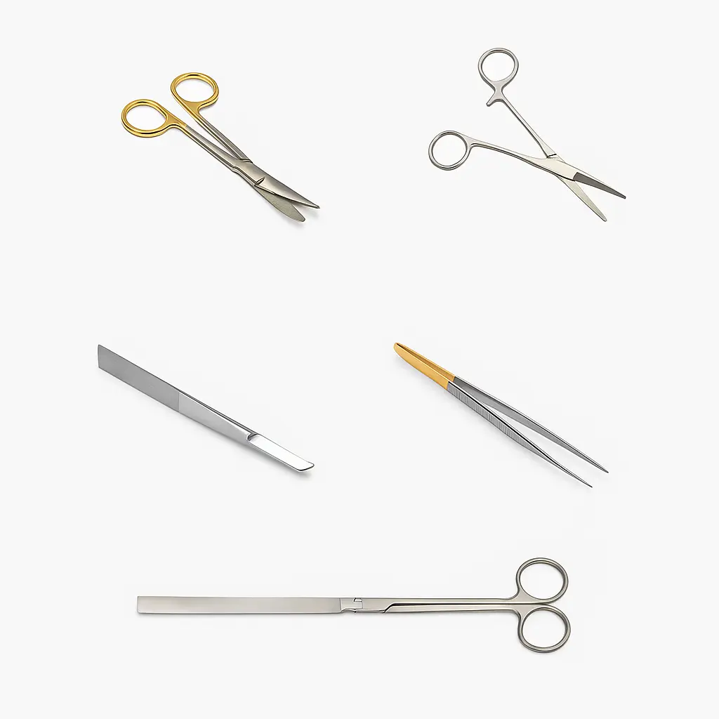 diferentes utencilias metalicos Pinzas y tijeras quirúrgicas
